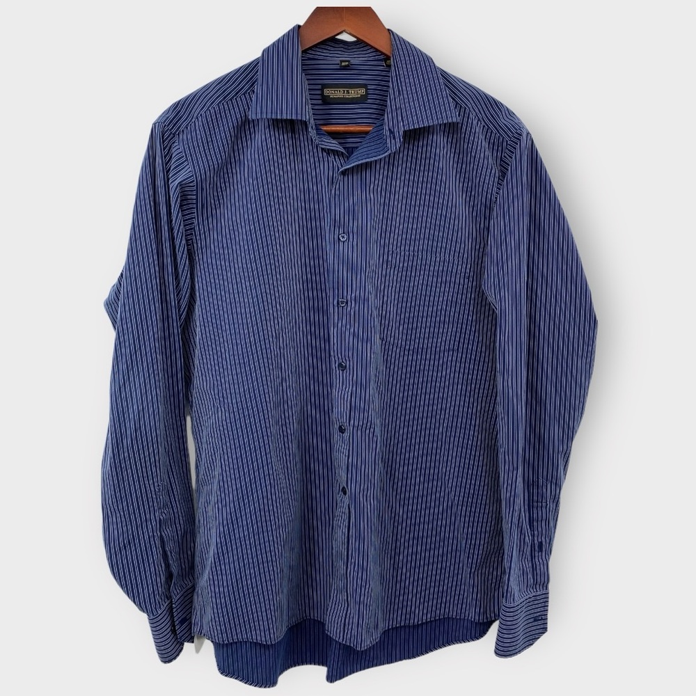 Donald J. Trump Non Iron Button up Shirt Mens Size 17 36/37 Blue White Pinstripe